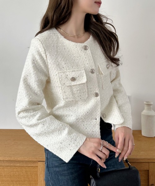 Eclat one（エクラワン）の「【Eclat one】ショート丈 ノーカラー ツイードジャケット（ノーカラージャケット・レディース・ホワイト/ライトブルー/ブラック・M/L）」の8枚目の写真