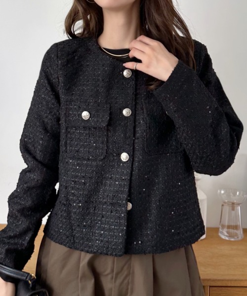 PlusOTOHA 上品ブラック ノーカラーツイードジャケット セール】【Eclat one】ショート丈 ノーカラー ツイード