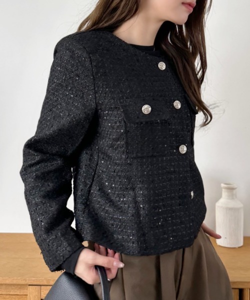 Eclat one（エクラワン）の「【Eclat one】ショート丈 ノーカラー ツイードジャケット（ノーカラージャケット・レディース・ホワイト/ライトブルー/ブラック・M/L）」の12枚目の写真