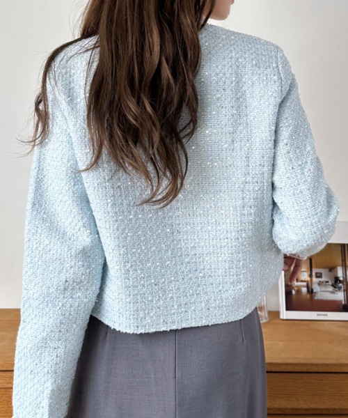 Eclat one（エクラワン）の「【Eclat one】ショート丈 ノーカラー ツイードジャケット（ノーカラージャケット・レディース・ホワイト/ライトブルー/ブラック・M/L）」の13枚目の写真