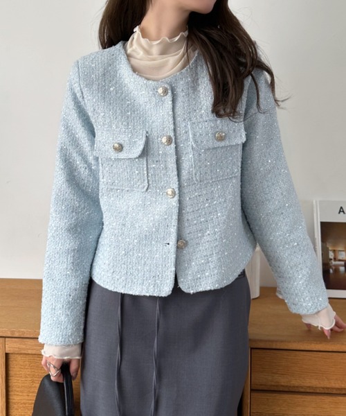 Eclat one（エクラワン）の「【Eclat one】ショート丈 ノーカラー ツイードジャケット（ノーカラージャケット・レディース・ホワイト/ライトブルー/ブラック・M/L）」の15枚目の写真