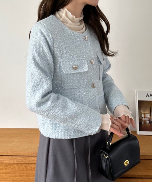 セール】【Eclat one】ショート丈 ノーカラー ツイード