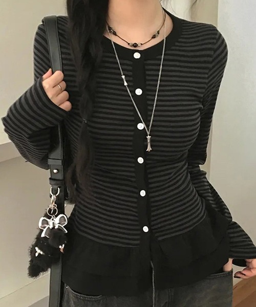 Chiina（チーナ）の「Chiina /ボーダー　フリルレイヤード長袖トップス（カーディガン/ボレロ・レディース・チャコールグレー/グレー/ブラック・FREE）」の5枚目の写真