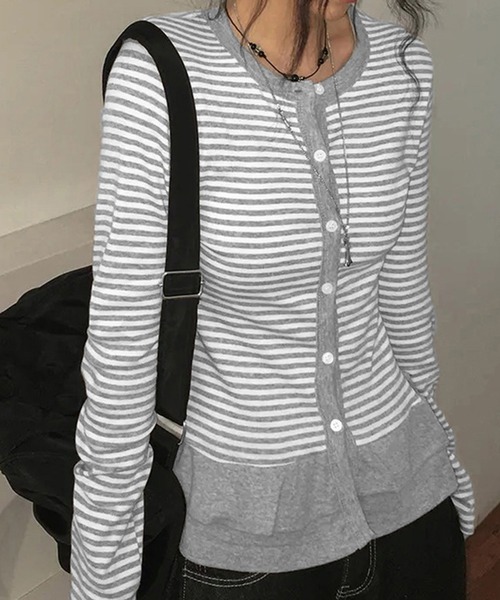 Chiina（チーナ）の「Chiina /ボーダー　フリルレイヤード長袖トップス（カーディガン/ボレロ・レディース・チャコールグレー/グレー/ブラック・FREE）」の10枚目の写真