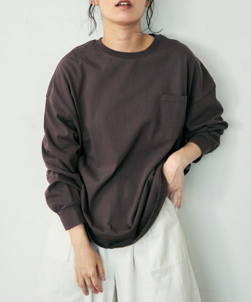 Crisp（クリスプ）の「ロングスリーブポケットTシャツ（Tシャツ/カットソー・レディース・ホワイト/ブラウン・FREE）」の2枚目の写真