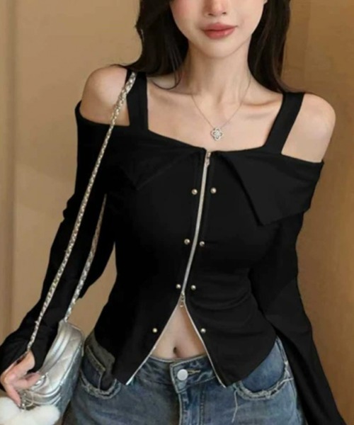 肩紐付きオフショルダーダブルジップトップス（Tシャツ/カットソー