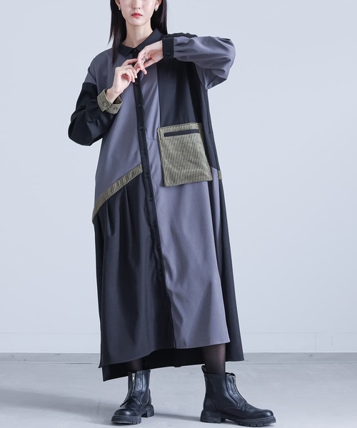 kOhAKU(コハク)の「異素材配色切替シャツワンピース(シャツワンピース・レディース・カーキ/グレー・FREE)」の1枚目の写真