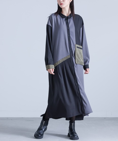 kOhAKU(コハク)の「異素材配色切替シャツワンピース(シャツワンピース・レディース・カーキ/グレー・FREE)」の21枚目の写真