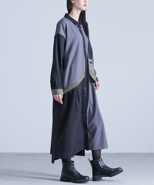 kOhAKU(コハク)の「異素材配色切替シャツワンピース(シャツワンピース・レディース・カーキ/グレー・FREE)」の11枚目の写真