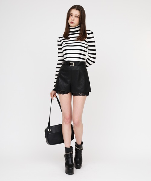ROYAL PARTY（ロイヤルパーティー）の「ベルト付レースヘムフェイクレザーショートパンツ（その他パンツ・レディース・ブラック/オフホワイト/ブラウン・FREE）」の6枚目の写真