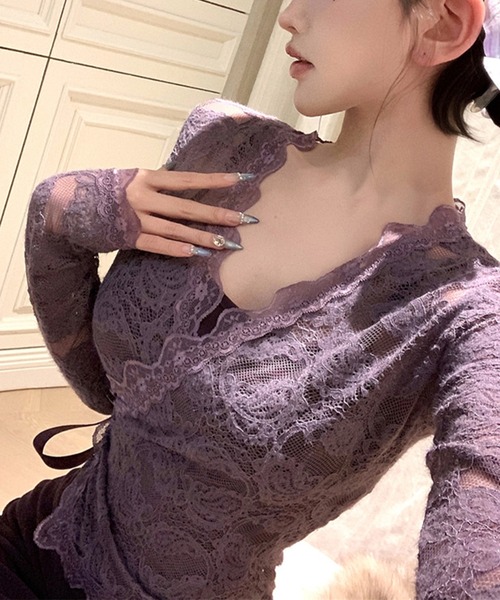 Jasmine Grandiflorum(ジャスミングランディフローラム)の「【Jasmine】シアーレーストップス+スウェットキャミワンピース (SS)(ワンピース・レディース・ブラック/パープル・FREE)」の14枚目の写真