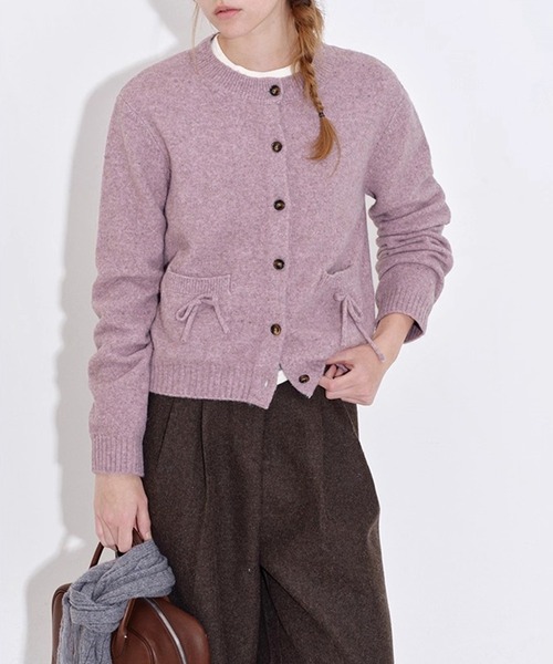 リボンポケット クルーネック ニットカーディガン FD25S002【Fano