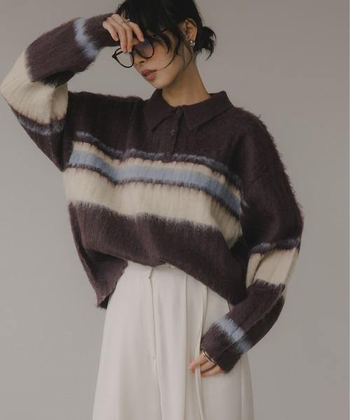 210nouve（トゥージュヌーブ）の「ポロ襟 アルパカタッチ ボーダー ニット（ニット/セーター・レディース・ブラウン/アイボリー/チャコールグレー・FREE）」の3枚目の写真