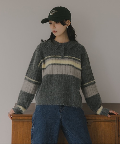 210nouve（トゥージュヌーブ）の「ポロ襟 アルパカタッチ ボーダー ニット（ニット/セーター・レディース・ブラウン/アイボリー/チャコールグレー・FREE）」の2枚目の写真