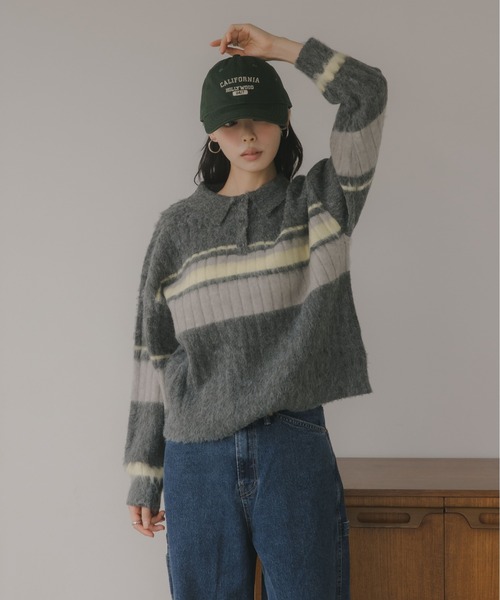 210nouve（トゥージュヌーブ）の「ポロ襟 アルパカタッチ ボーダー ニット（ニット/セーター・レディース・ブラウン/アイボリー/チャコールグレー・FREE）」の6枚目の写真