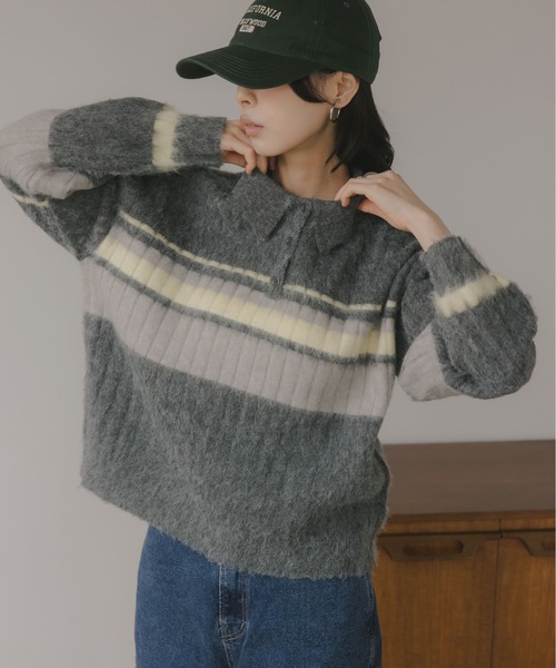 210nouve（トゥージュヌーブ）の「ポロ襟 アルパカタッチ ボーダー ニット（ニット/セーター・レディース・ブラウン/アイボリー/チャコールグレー・FREE）」の9枚目の写真