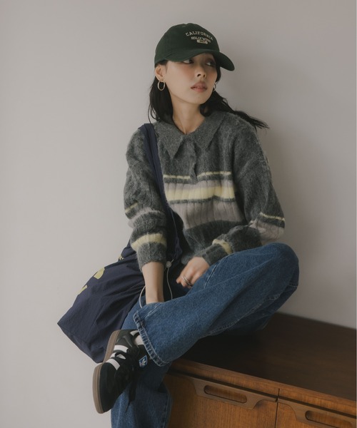 210nouve（トゥージュヌーブ）の「ポロ襟 アルパカタッチ ボーダー ニット（ニット/セーター・レディース・ブラウン/アイボリー/チャコールグレー・FREE）」の7枚目の写真