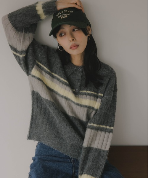 210nouve（トゥージュヌーブ）の「ポロ襟 アルパカタッチ ボーダー ニット（ニット/セーター・レディース・ブラウン/アイボリー/チャコールグレー・FREE）」の8枚目の写真