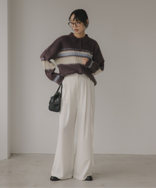 210nouve（トゥージュヌーブ）の「ポロ襟 アルパカタッチ ボーダー ニット（ニット/セーター・レディース・ブラウン/アイボリー/チャコールグレー・FREE）」の13枚目の写真