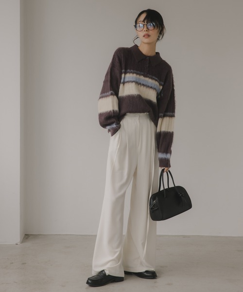 210nouve（トゥージュヌーブ）の「ポロ襟 アルパカタッチ ボーダー ニット（ニット/セーター・レディース・ブラウン/アイボリー/チャコールグレー・FREE）」の17枚目の写真