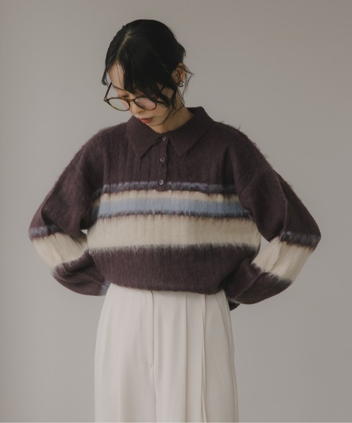 210nouve（トゥージュヌーブ）の「ポロ襟 アルパカタッチ ボーダー ニット（ニット/セーター・レディース・ブラウン/アイボリー/チャコールグレー・FREE）」の14枚目の写真