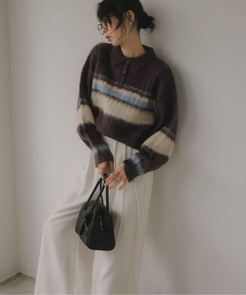 210nouve（トゥージュヌーブ）の「ポロ襟 アルパカタッチ ボーダー ニット（ニット/セーター・レディース・ブラウン/アイボリー/チャコールグレー・FREE）」の16枚目の写真