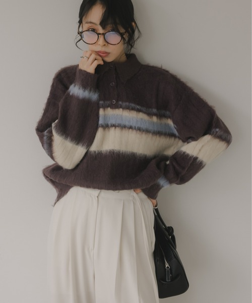 210nouve（トゥージュヌーブ）の「ポロ襟 アルパカタッチ ボーダー ニット（ニット/セーター・レディース・ブラウン/アイボリー/チャコールグレー・FREE）」の12枚目の写真