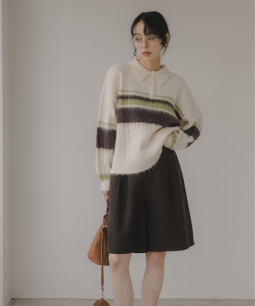 210nouve（トゥージュヌーブ）の「ポロ襟 アルパカタッチ ボーダー ニット（ニット/セーター・レディース・ブラウン/アイボリー/チャコールグレー・FREE）」の21枚目の写真