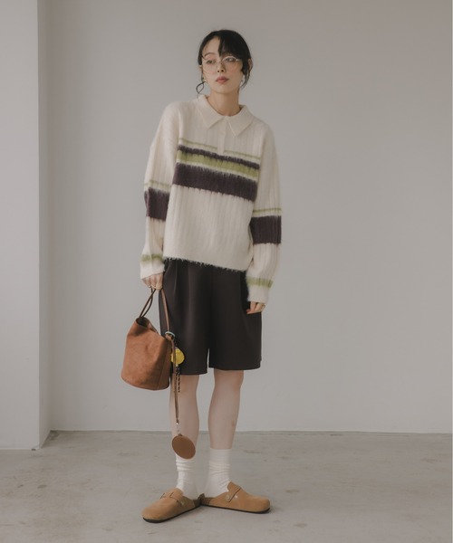 210nouve（トゥージュヌーブ）の「ポロ襟 アルパカタッチ ボーダー ニット（ニット/セーター・レディース・ブラウン/アイボリー/チャコールグレー・FREE）」の4枚目の写真
