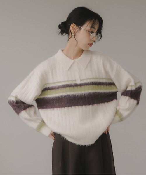 210nouve（トゥージュヌーブ）の「ポロ襟 アルパカタッチ ボーダー ニット（ニット/セーター・レディース・ブラウン/アイボリー/チャコールグレー・FREE）」の20枚目の写真