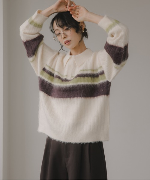 210nouve（トゥージュヌーブ）の「ポロ襟 アルパカタッチ ボーダー ニット（ニット/セーター・レディース・ブラウン/アイボリー/チャコールグレー・FREE）」の22枚目の写真