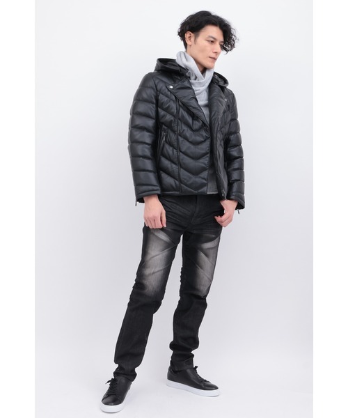 セール】ダブルライダースラムレザーダウン（ダウンジャケット/コート