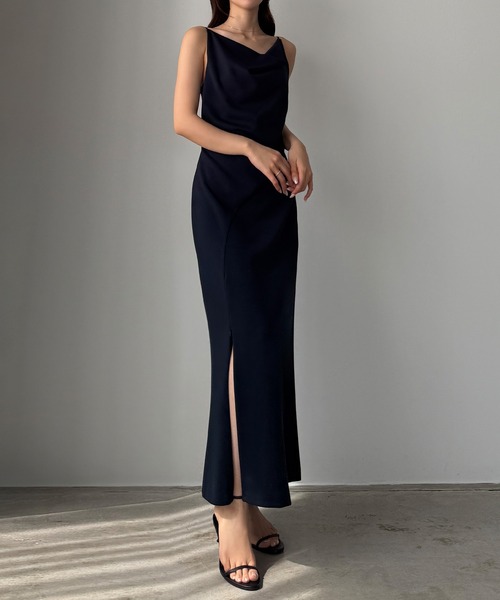 Louere（ルエレ）の「ドレープ前ファスナースリットキャミワンピース【一部ぺチスカートセット】[高身長サイズMT有り]（ワンピース・レディース・ダークベージュ/チャコール/アイボリー/ブラック/ネイビー・X-LARGE/LARGE/MEDIUM/SMALL/MT）」の16枚目の写真