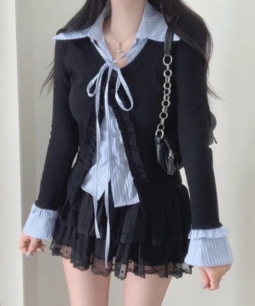 yuue' ( wear )(ユーイ)の「フェイクレイヤードフリルリボントップス(Tシャツ/カットソー・レディース・グレー/ネイビー/ホワイト・FREE)」の2枚目の写真