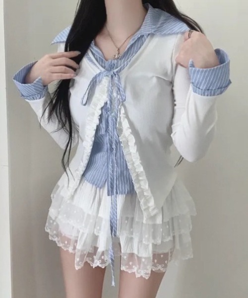 yuue' ( wear )(ユーイ)の「フェイクレイヤードフリルリボントップス(Tシャツ/カットソー・レディース・グレー/ネイビー/ホワイト・FREE)」の3枚目の写真