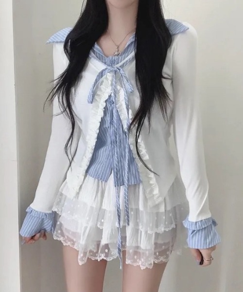 yuue' ( wear )(ユーイ)の「フェイクレイヤードフリルリボントップス(Tシャツ/カットソー・レディース・グレー/ネイビー/ホワイト・FREE)」の6枚目の写真