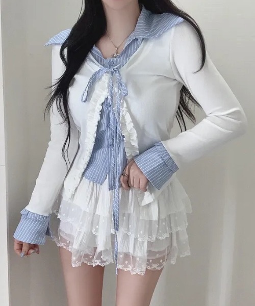 yuue' ( wear )(ユーイ)の「フェイクレイヤードフリルリボントップス(Tシャツ/カットソー・レディース・グレー/ネイビー/ホワイト・FREE)」の4枚目の写真