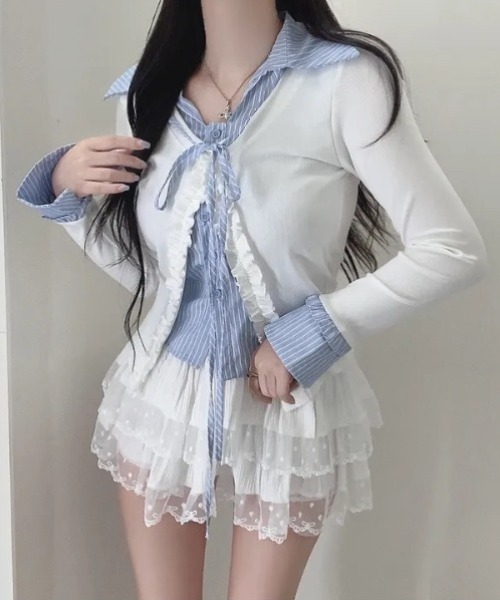 yuue' ( wear )(ユーイ)の「フェイクレイヤードフリルリボントップス(Tシャツ/カットソー・レディース・グレー/ネイビー/ホワイト・FREE)」の7枚目の写真