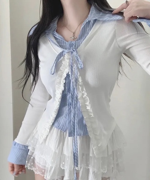 yuue' ( wear )(ユーイ)の「フェイクレイヤードフリルリボントップス(Tシャツ/カットソー・レディース・グレー/ネイビー/ホワイト・FREE)」の8枚目の写真