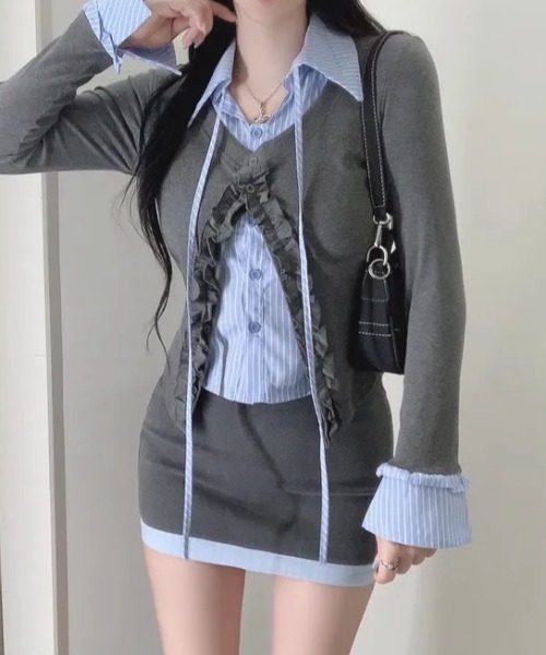 yuue' ( wear )(ユーイ)の「フェイクレイヤードフリルリボントップス(Tシャツ/カットソー・レディース・グレー/ネイビー/ホワイト・FREE)」の14枚目の写真