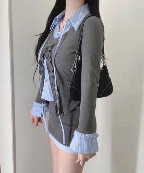 yuue' ( wear )(ユーイ)の「フェイクレイヤードフリルリボントップス(Tシャツ/カットソー・レディース・グレー/ネイビー/ホワイト・FREE)」の11枚目の写真