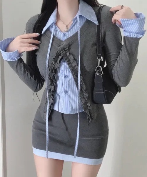 yuue' ( wear )(ユーイ)の「フェイクレイヤードフリルリボントップス(Tシャツ/カットソー・レディース・グレー/ネイビー/ホワイト・FREE)」の12枚目の写真