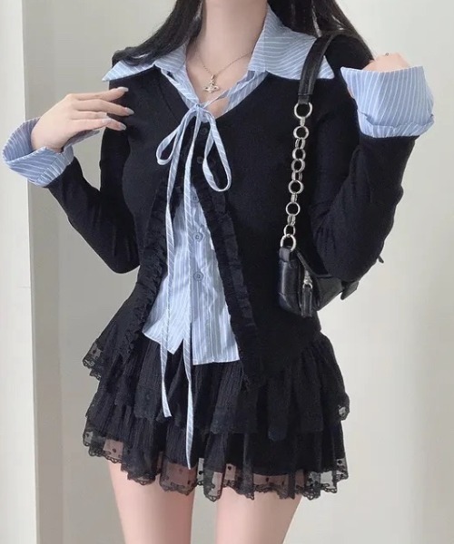 yuue' ( wear )(ユーイ)の「フェイクレイヤードフリルリボントップス(Tシャツ/カットソー・レディース・グレー/ネイビー/ホワイト・FREE)」の18枚目の写真