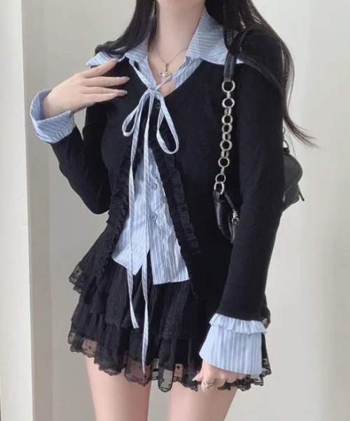 yuue' ( wear )(ユーイ)の「フェイクレイヤードフリルリボントップス(Tシャツ/カットソー・レディース・グレー/ネイビー/ホワイト・FREE)」の20枚目の写真