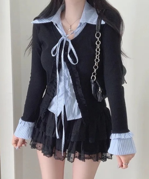 yuue' ( wear )(ユーイ)の「フェイクレイヤードフリルリボントップス(Tシャツ/カットソー・レディース・グレー/ネイビー/ホワイト・FREE)」の19枚目の写真