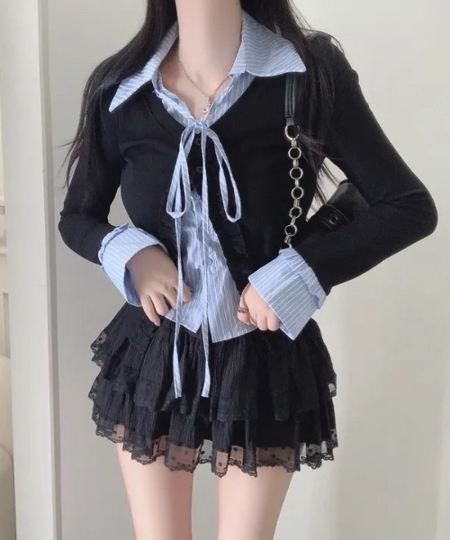 yuue' ( wear )(ユーイ)の「フェイクレイヤードフリルリボントップス(Tシャツ/カットソー・レディース・グレー/ネイビー/ホワイト・FREE)」の21枚目の写真