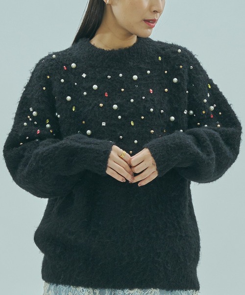 ROSE BUD(ローズバッド)の「BIJOUX KNIT PULLOVER(ニット/セーター・レディース・ホワイト/ブラック・ONE SIZE)」の1枚目の写真