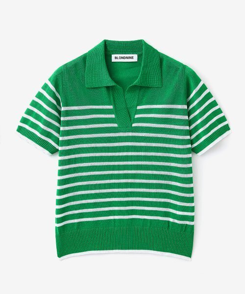 BLOND9(ブロンドナイン)の「クールストライプカラー半袖ニット_グリーン(ニット/セーター・レディース・グリーン・SMALL/MEDIUM)」の2枚目の写真