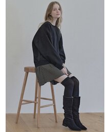チェックコンビスウェットシャツミニドレス - ブラック(裏起毛)