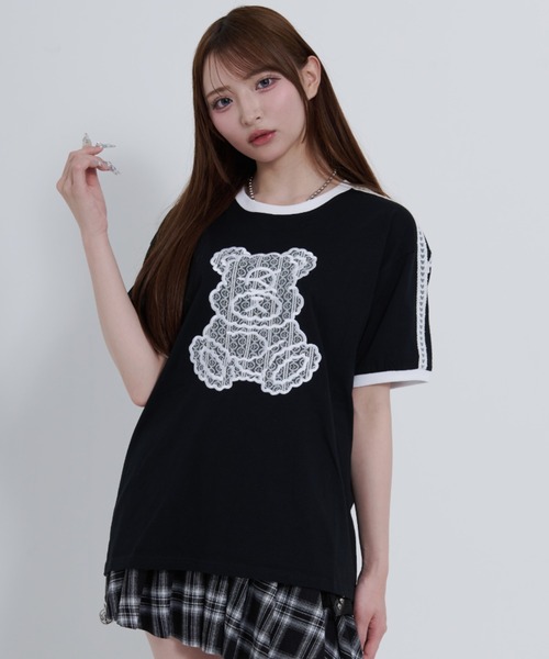 OY(オーワイ)の「『OY/オーワイ』LACE DOLLY RINGER TEE /レースドリーリンガーTシャツ(Tシャツ/カットソー・レディース・ホワイト/ブラック・L/M)」の1枚目の写真